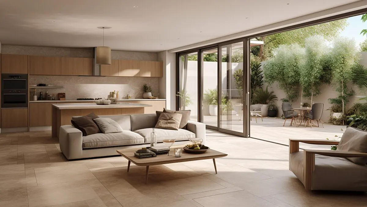 maison moderne avec revêtement de sol en travertin et accès terrasse depuis le salon